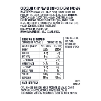 Nutrition label and ingredients list for a chocolate chip peanut crunch energy bar on a white background.
