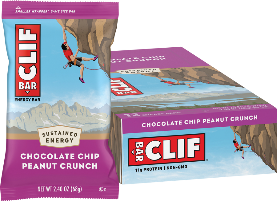 Clif Bar chocolate chip peanut crunch energy bar packaging with a climber on a mountain.
