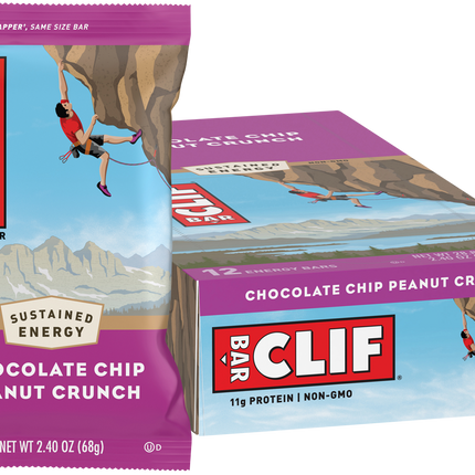 Clif Bar chocolate chip peanut crunch energy bar packaging with a climber on a mountain.