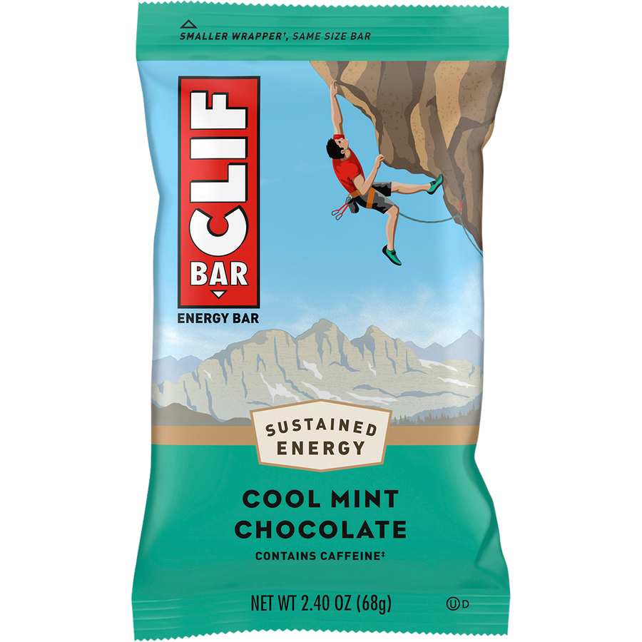 Clif Bar energy bar packaging with a climber on a mountain background