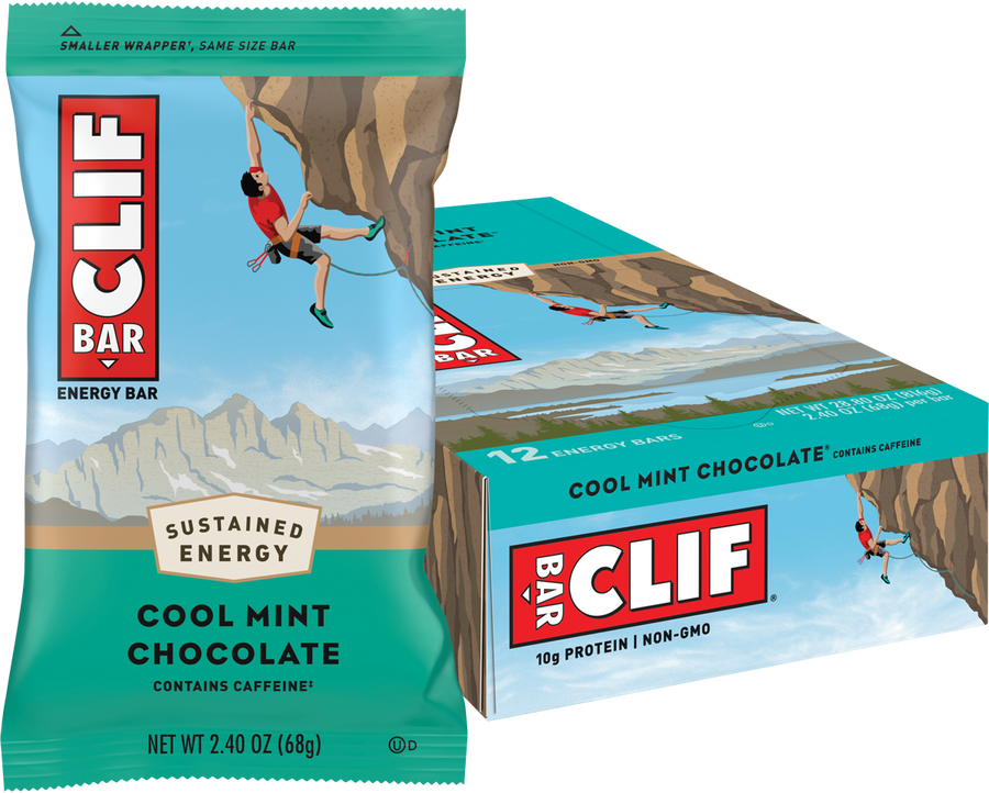 Clif Bar Cool Mint Chocolate energy bar packaging with illustration of climber.