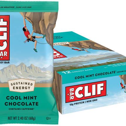 Clif Bar Cool Mint Chocolate energy bar packaging with illustration of climber.