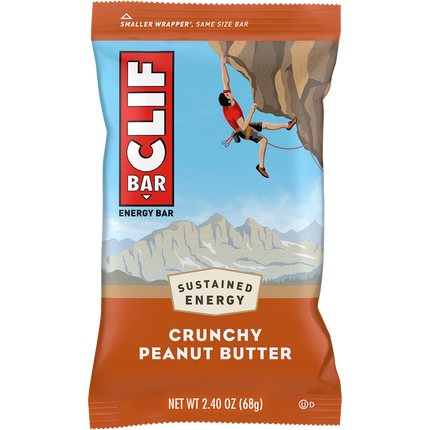 Clif Bar Crunchy Peanut Butter energy bar packaging with a climber illustration on a white background