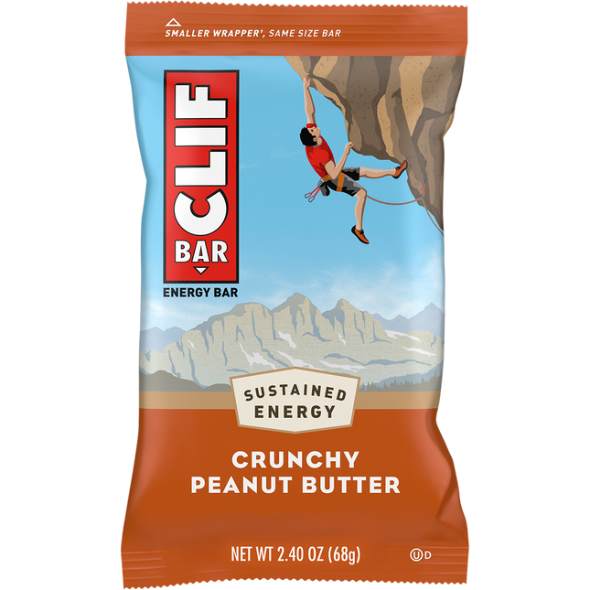 Clif Bar Crunchy Peanut Butter energy bar packaging with a climber illustration on a white background