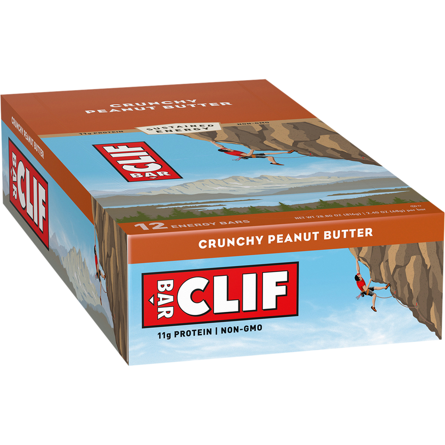 Box of Clif Crunchy Peanut Butter energy bars with a scenic design on the packaging.