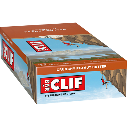 Box of Clif Crunchy Peanut Butter energy bars with a scenic design on the packaging.