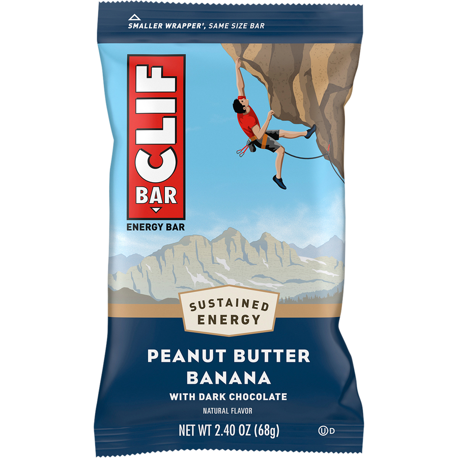 Clif Bar peanut butter banana energy bar packaging with climbing scene