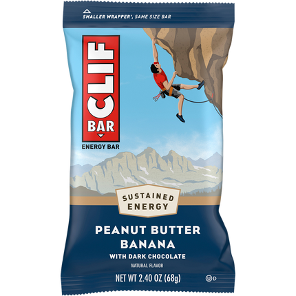 Clif Bar peanut butter banana energy bar packaging with climbing scene