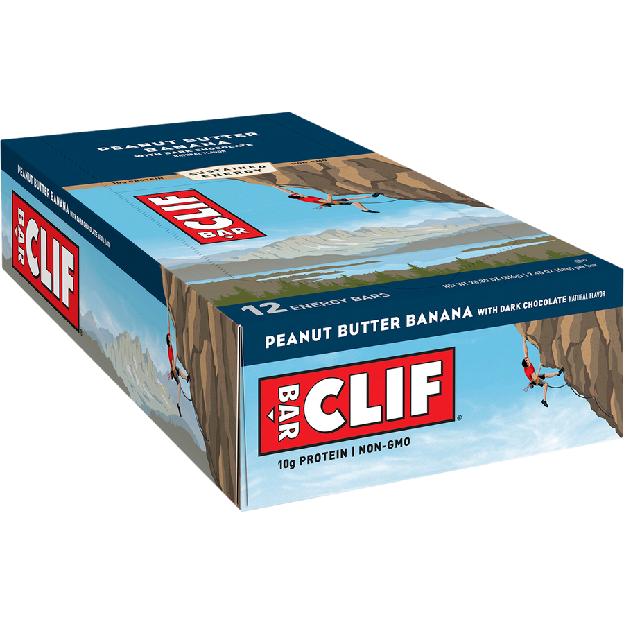 Box of Clif Bar Peanut Butter Banana energy bars on a white background