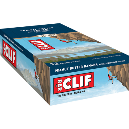 Box of Clif Bar Peanut Butter Banana energy bars on a white background