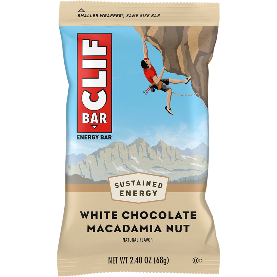 Clif Bar energy bar package with a climber on a mountain background