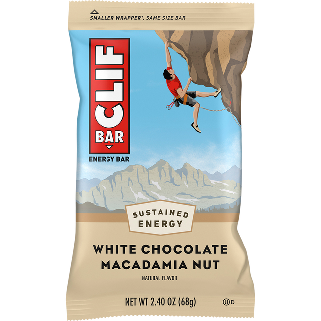Clif Bar energy bar package with a climber on a mountain background