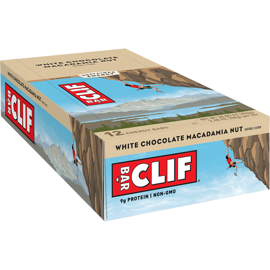 Box of Clif Bar White Chocolate Macadamia Nut energy bars on a white background