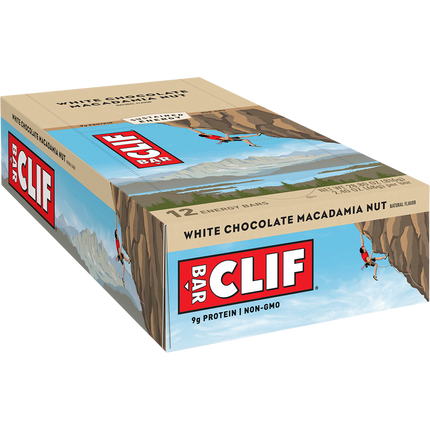 Box of Clif Bar White Chocolate Macadamia Nut energy bars on a white background