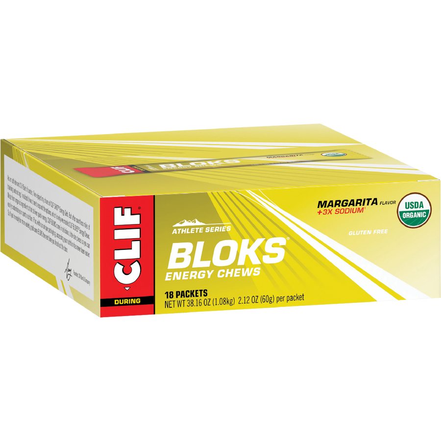Box of Clif Athlete Series Margarita Bloks Energy Chews on a white background