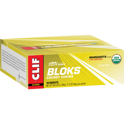 Box of Clif Athlete Series Margarita Bloks Energy Chews on a white background