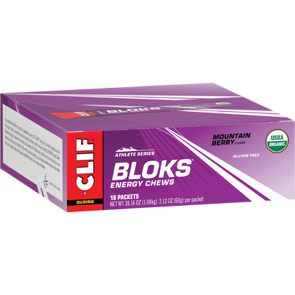 Box of Clif Bloks Energy Chews in Mountain Berry flavor on a white background
