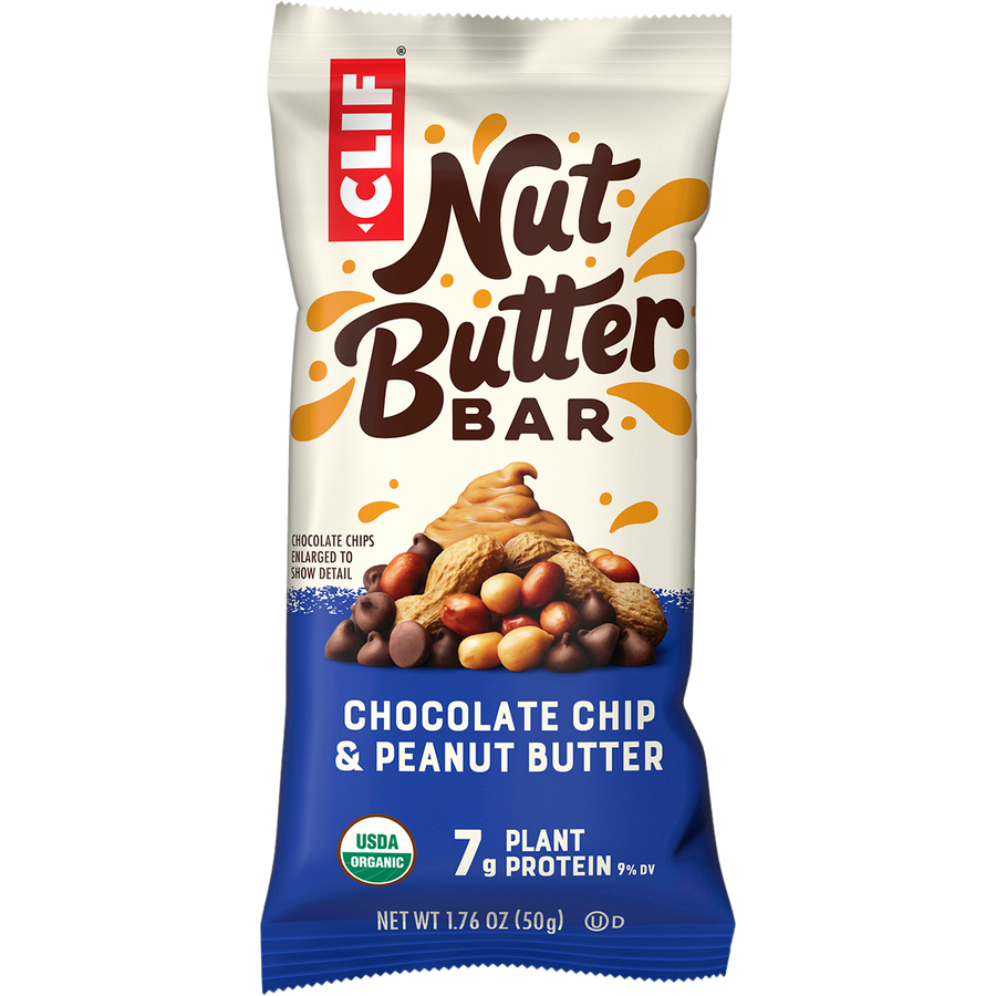 Clif Nut Butter Bar packaging with chocolate chips and peanut butter on a white background