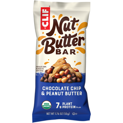 Clif Nut Butter Bar packaging with chocolate chips and peanut butter on a white background