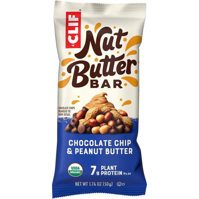 Clif Nut Butter Bar packaging with chocolate chips and peanut butter on a white background