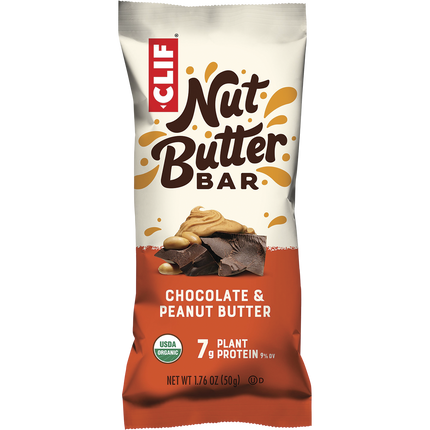 Clif Nut Butter Bar packaging with chocolate and peanut butter flavor on a white background