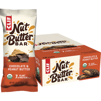 CLIF Nut Butter Bar packaging including a single bar and a box of 12 bars on a white background.