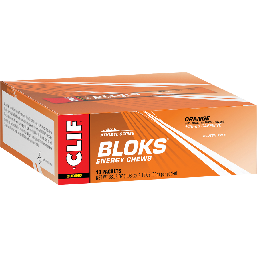 Box of Clif Bloks energy chews with orange and white design