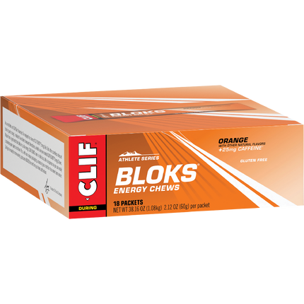 Box of Clif Bloks energy chews with orange and white design