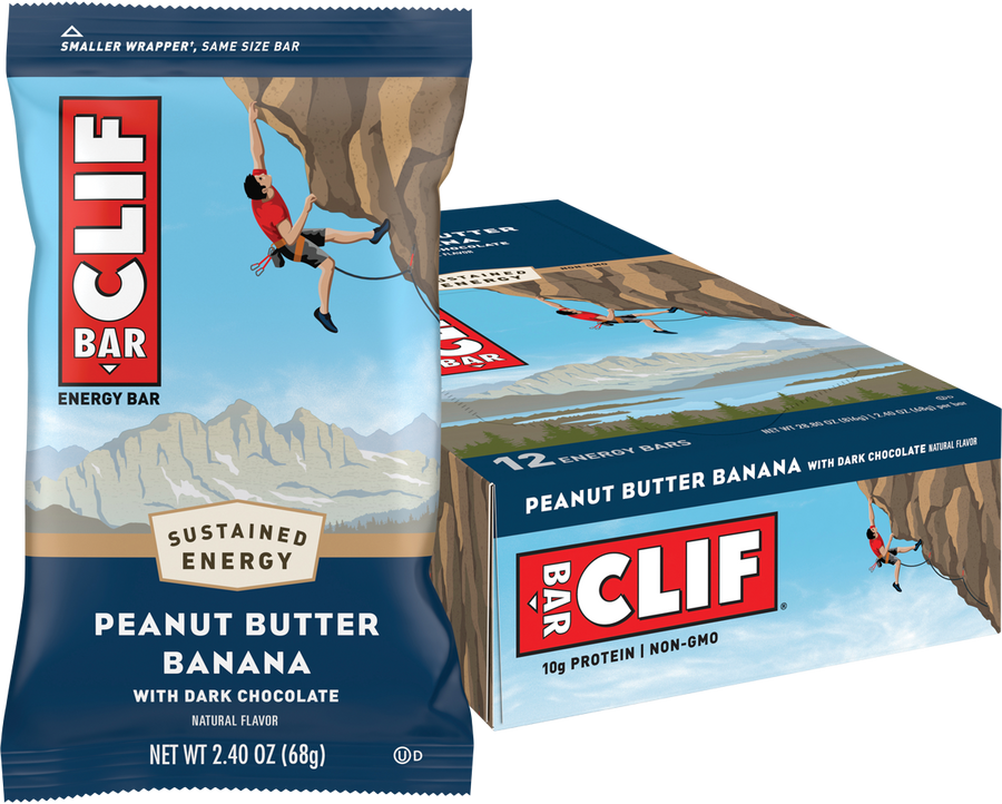Clif Bar peanut butter banana energy bar packaging with a box in the background.
