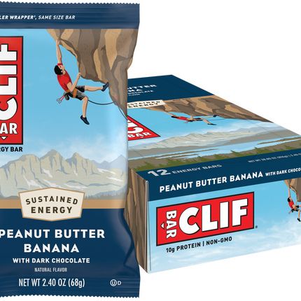 Clif Bar peanut butter banana energy bar packaging with a box in the background.