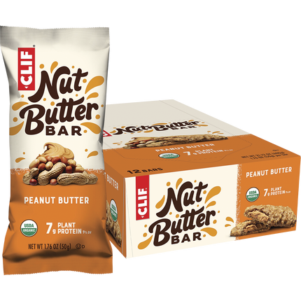 CLIF Nut Butter Bar packaging including a single bar and a box of 12 bars on a white background.