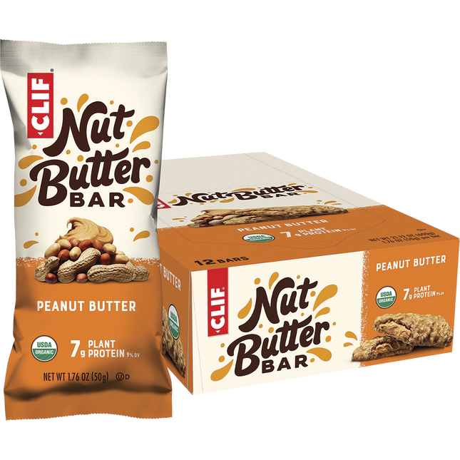 CLIF Nut Butter Bar packaging including a single bar and a box of 12 bars on a white background.