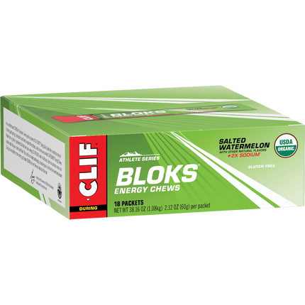 Box of Clif Bloks Energy Chews in salted watermelon flavor on a white background