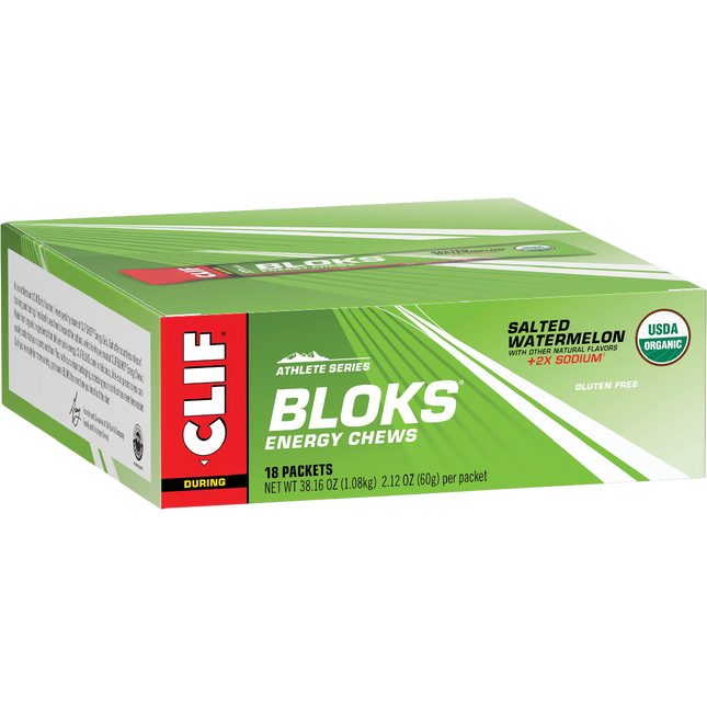 Box of Clif Bloks Energy Chews in salted watermelon flavor on a white background