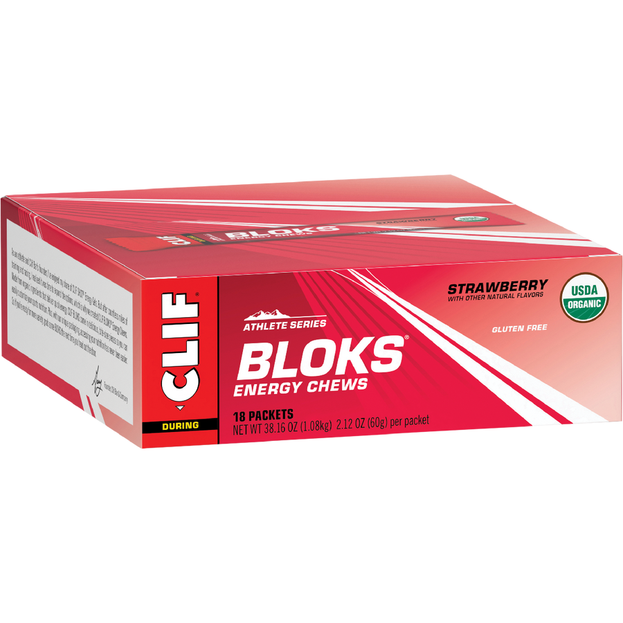 Box of Clif Bloks Energy Chews with strawberry flavor on a white background