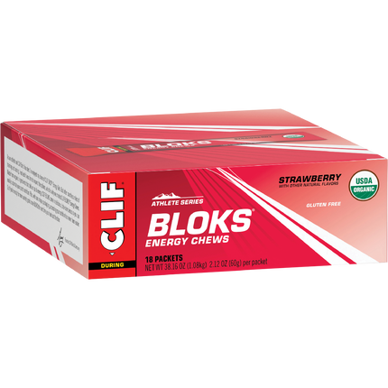 Box of Clif Bloks Energy Chews with strawberry flavor on a white background