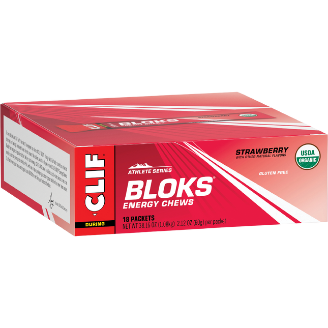 Box of Clif Bloks Energy Chews with strawberry flavor on a white background