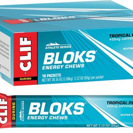 Box of Clif Bloks Energy Chews with a single packet in front