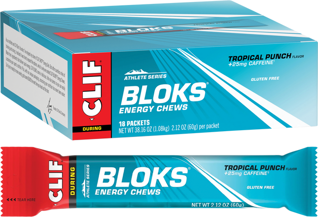 Box of Clif Bloks Energy Chews with a single packet in front
