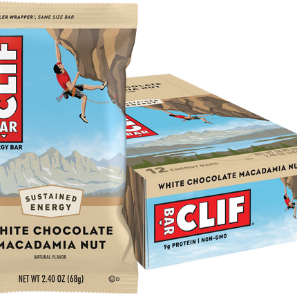 Clif Bar energy bar packaging with white chocolate macadamia nut flavor on a white background