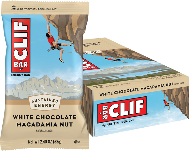 Clif Bar energy bar packaging with white chocolate macadamia nut flavor on a white background