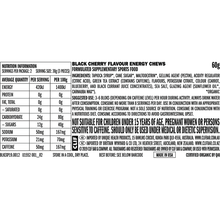 Nutrition label for Black Cherry Flavour Energy Chews on a white background