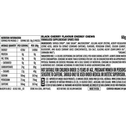 Nutrition label for Black Cherry Flavour Energy Chews on a white background