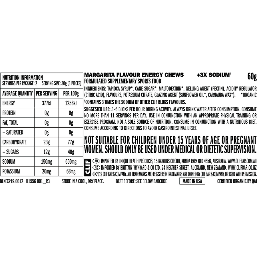 Nutrition label for Margarita Flavour Energy Chews with ingredients and health information.