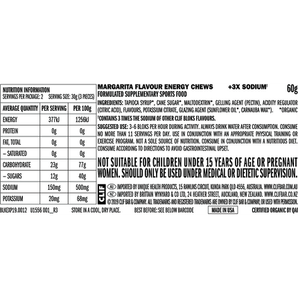 Nutrition label for Margarita Flavour Energy Chews with ingredients and health information.