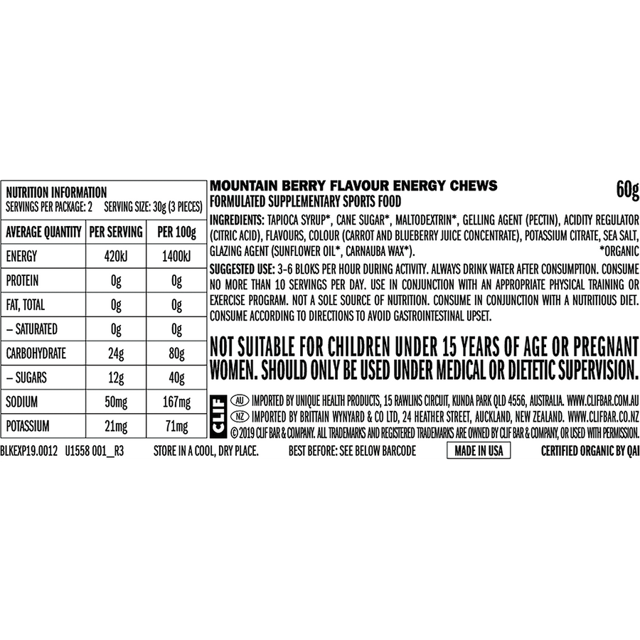 Nutrition label for Mountain Berry Flavour Energy Chews on a white background