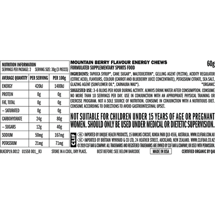 Nutrition label for Mountain Berry Flavour Energy Chews on a white background
