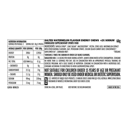 Nutrition label for Clif Bar salted watermelon flavor energy chews on a white background