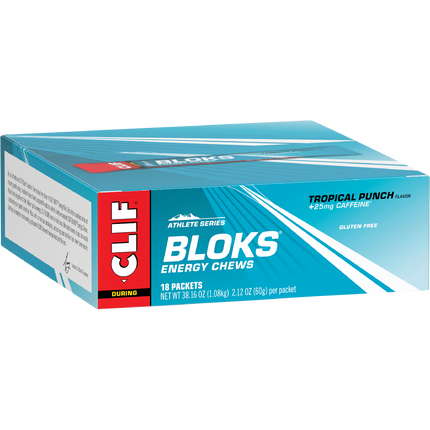 Box of Clif Bloks Energy Chews in Tropical Punch flavor on a white background