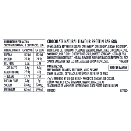 Nutrition information and ingredient list for a chocolate protein bar on a black background